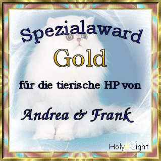 Hallo Andrea, Hallo Frank! Nach einem Besuch auf eurer Hp habe ich mich entschlossen euch einen meiner Spezialawards zu verleihen. Hier nun meine Bewertung: 1. Eindruck: 8 von 10 Pkt. / schöne Startseite, freundliche Begrüßung, zweisprachiges Angebot. Design: 6 von 10 Pkt. / schlichtes, ansprechendes Design.Werbung: 5 von 5 Pkt. / keine nervigen Pop-Ups etc.Inhalt: 15 von 15 Pkt. / mehr Inhalt geht nun wirklich nicht! Klasse! Aktualität: 5 von 5 Pkt. /  klasse News-/Updatebereich vorhanden. Links: 5 von 5 Pkt. / öffnen im neuen Fenster, bei Stichproben keine toten Links entdeckt. Ladezeit: 3 von 5 Pkt. / trotz Grafiken recht schnell Navigation/Übersichtlichkeit: 5 von 5 Pkt. / sehr übersichtlich. Extra: 5 von 5 Pkt. / "Videos" sind klasse und große Auswahl an Puzzles. Herzblut: 5 von 5 Pkt. / man merkt sofort, dass euch etwas an eurer Seite liegt und ihr sie mit viel Liebe gestaltet habt Rechtschreibung: 5 von 5 Pkt. / sehr gut. Kreativität: 5 von 5 Pkt. / so viele schöne Globes, Notecards, Puzzle etc. Awardbereich: 5 von 5 Pkt. / Awards werden würdig und mit Laudatio präsentiert Sonstiges: 3 von 5 Pkt. / Gifsammlung Gesamtpunktzahl: 80 von 90 Pkt. Herzlichen Glückwunsch, ihr habt meinen Spezialaward in Gold gewonnen! Liebe Grüße, Holy*Light